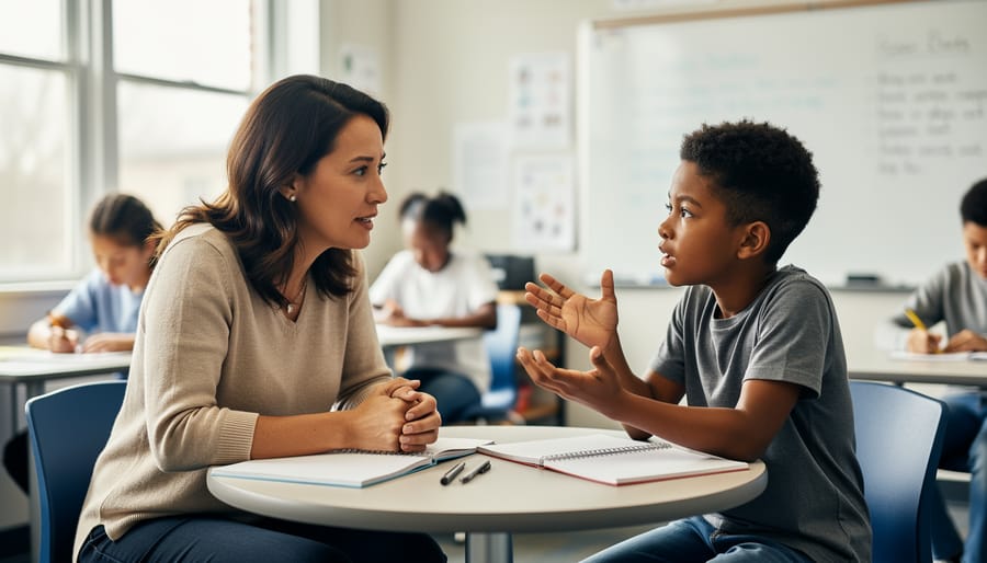 Teacher kneeling at student's eye level having supportive one-on-one conversation in school hallway