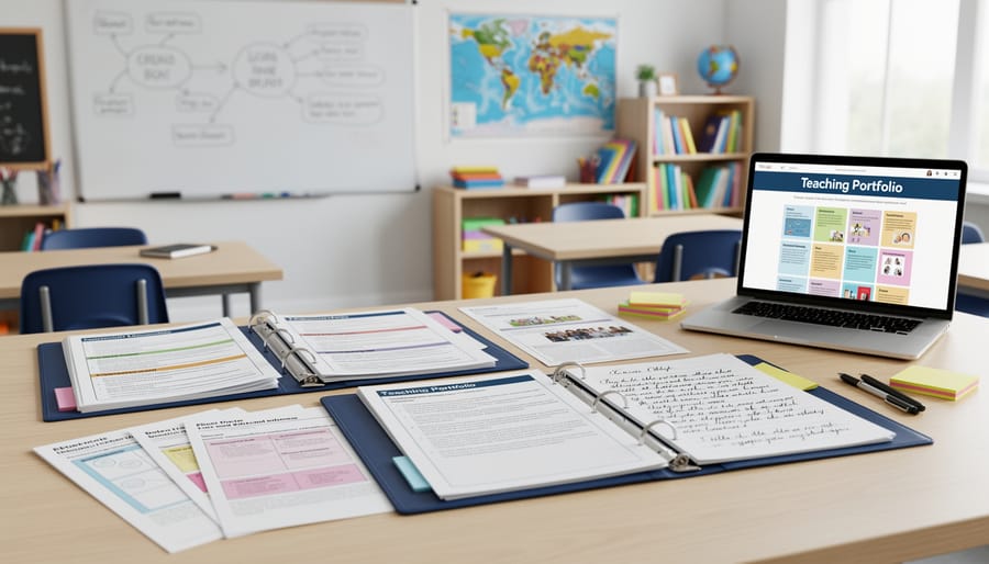 Professional teaching portfolio showing lesson plans and student work samples in protective sleeves