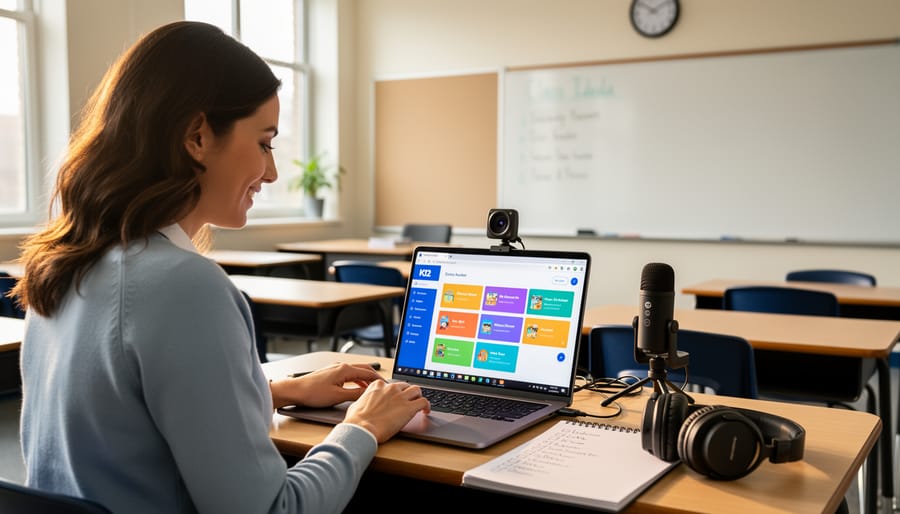 Teacher adjusting webcam and checking microphone connections on laptop