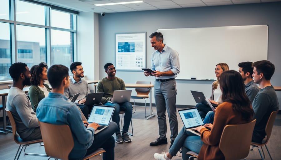 College instructor holding a tablet engages diverse students seated in a semicircle using laptops and tablets in a bright modern classroom with window light; background whiteboard and wall display are out of focus with no visible text.