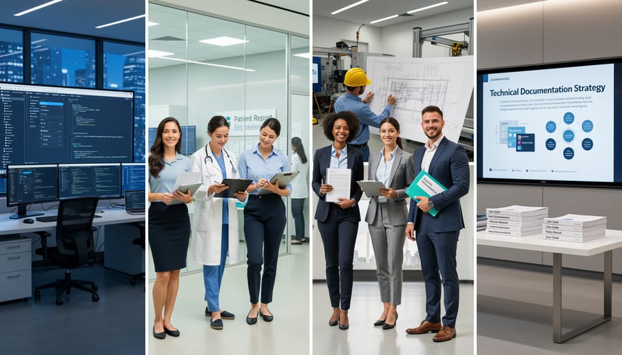 Young professionals collaborating in modern office environment representing technical writing career opportunities