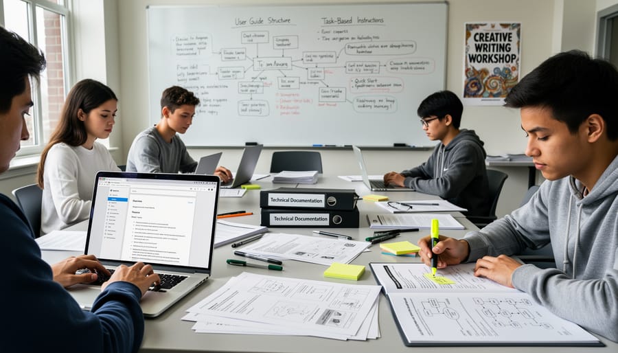 University student working on technical writing assignment with laptop and documents on desk