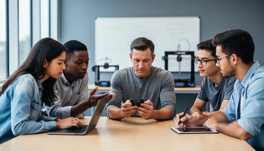 Diverse undergraduate students and a subject-matter expert conduct a usability test on a small device in a modern university lab, with soft natural light, sharp focus on faces and hands, and blurred screens and whiteboard without visible text.