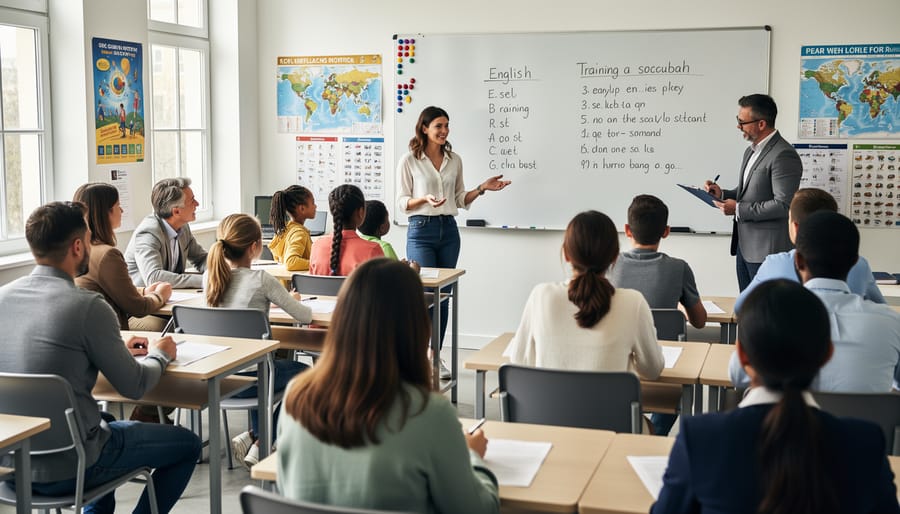 TEFL trainee teaching adult students in classroom setting with instructor observing