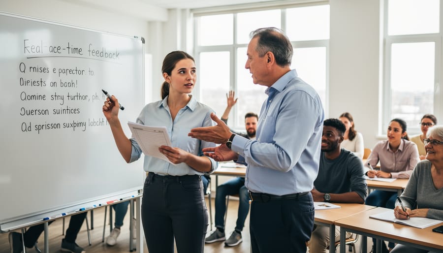 TEFL instructor providing personalized feedback to trainee during classroom session