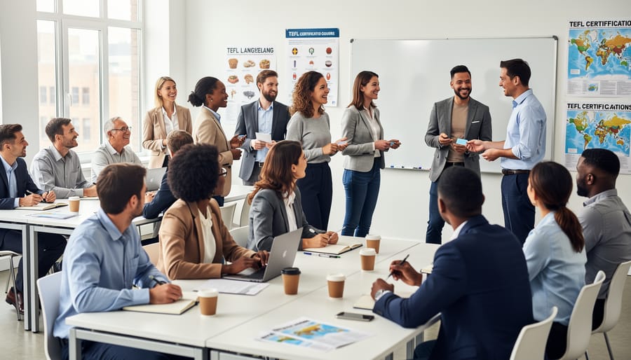 Group of TEFL trainees networking and collaborating during break at training center
