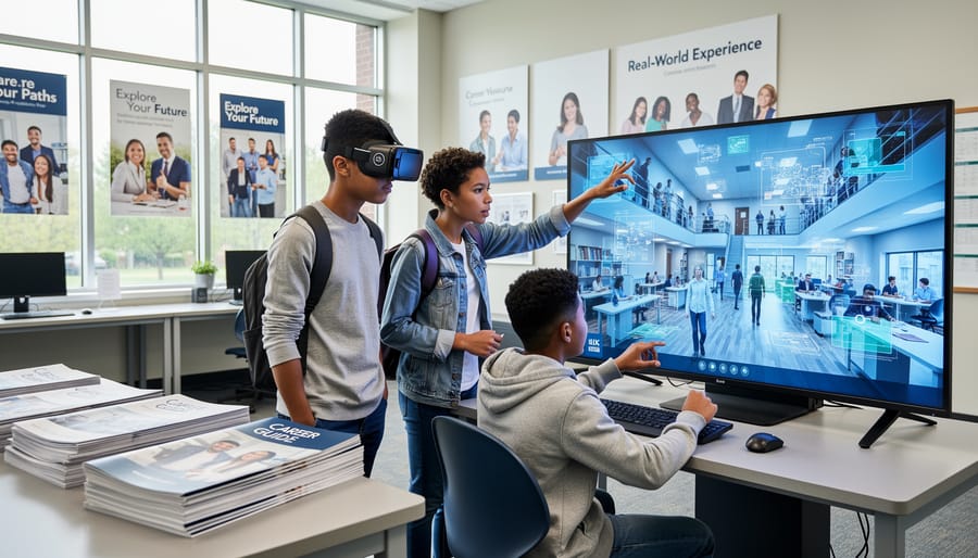 Students reviewing traditional career guidance materials at table in school counseling office