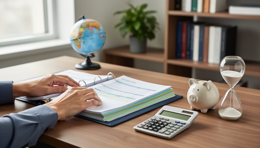 Close-up of an adult tutor’s hands arranging a binder on a wooden desk with a calculator, piggy bank, and hourglass, lit by soft side daylight, with blurred shelves holding a globe, plant, and book spines in the background
