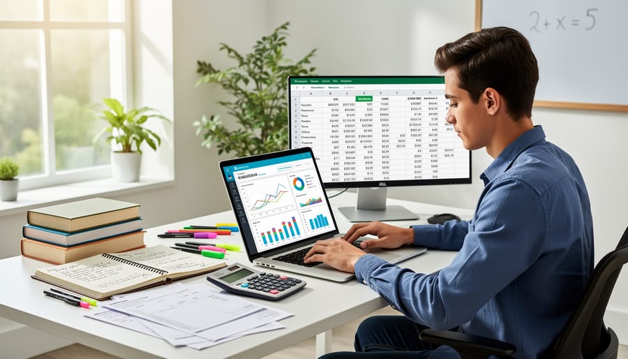 Business owner planning finances with laptop, calculator, and documents on desk