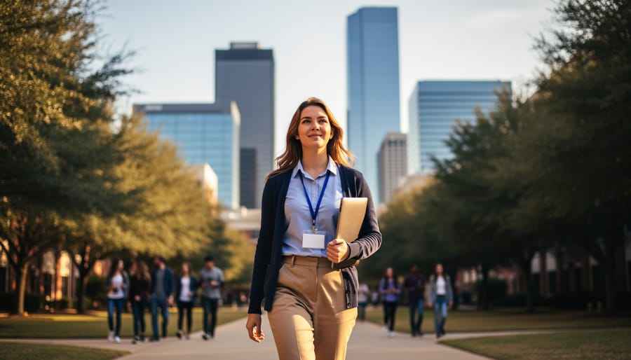 Graduate student in business-casual carrying a laptop walks along a tree-lined campus path toward a distant city skyline at golden hour, with softly blurred background of other students and glass office towers.