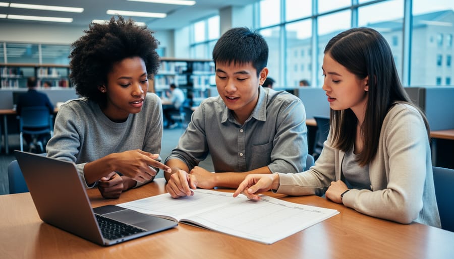 Three diverse UW students work at a wooden table in a modern library, pointing at an open laptop and a blank weekly planner, with notebooks and pens nearby; soft natural light and blurred bookshelves in the background; no readable text or logos.