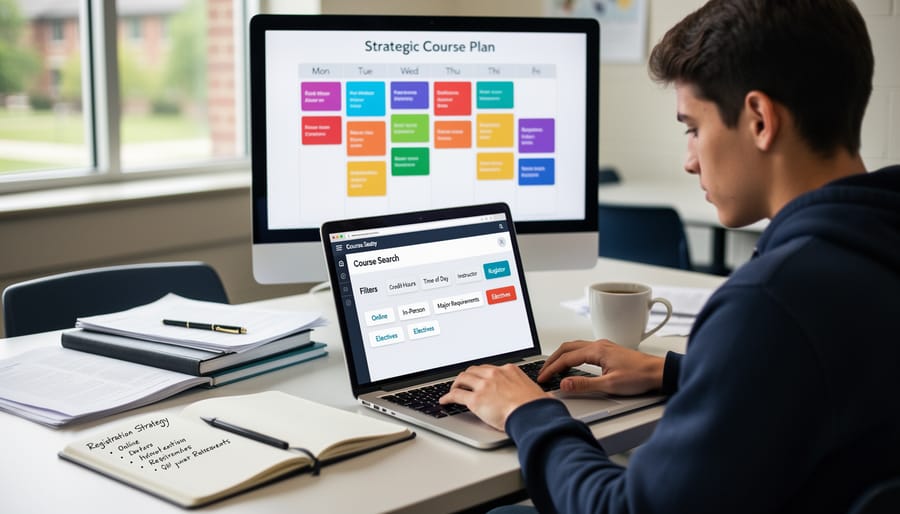 College students collaborating around laptop computer for course planning in library