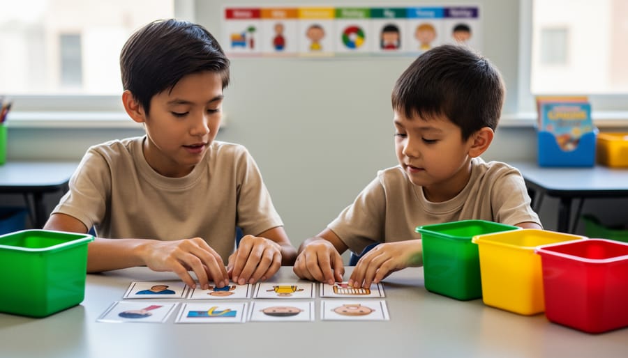 Teacher and elementary student using picture icon cards at a classroom table next to green, yellow, and red bins, with a blurred icon-only daily schedule on the wall under soft natural light