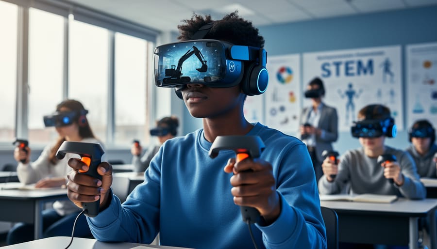 High school student wearing a VR headset and controllers in a classroom, visor reflecting surgical lights and an excavator arm, with classmates and a teacher blurred in the background.