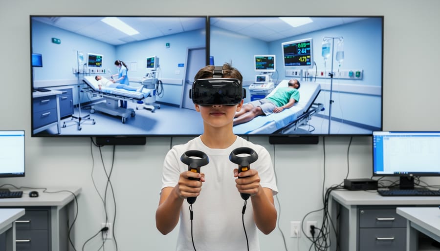 Student using VR headset to practice virtual medical procedure in healthcare career simulation