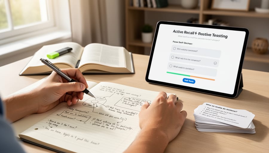 Close-up of student actively writing notes while studying from textbook