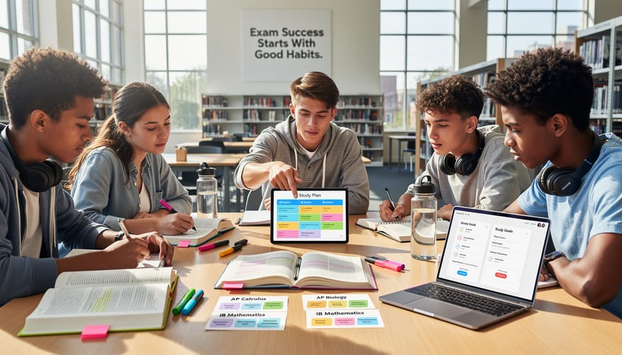 Students studying together at library table with textbooks and notes