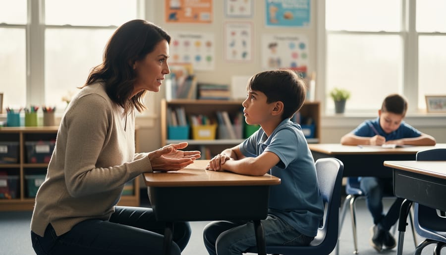 Teacher kneeling to speak calmly with an elementary student at eye level while another student works quietly at a separate table; soft natural daylight and blurred classroom posters and shelves in the background.