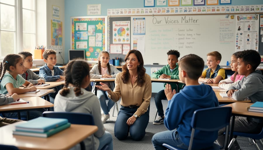 Diverse elementary students sitting in a circle with teacher during classroom discussion