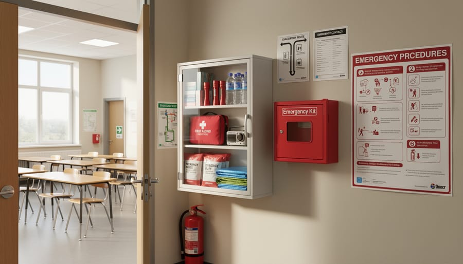 Teacher's emergency preparedness materials including checklist and supply kit on classroom desk
