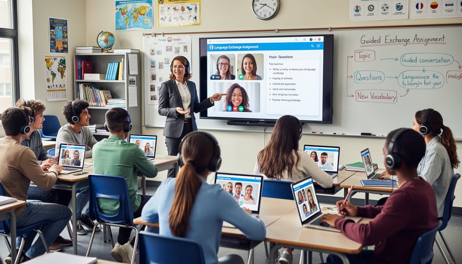 High school classroom showing students working in pairs with teacher providing guidance
