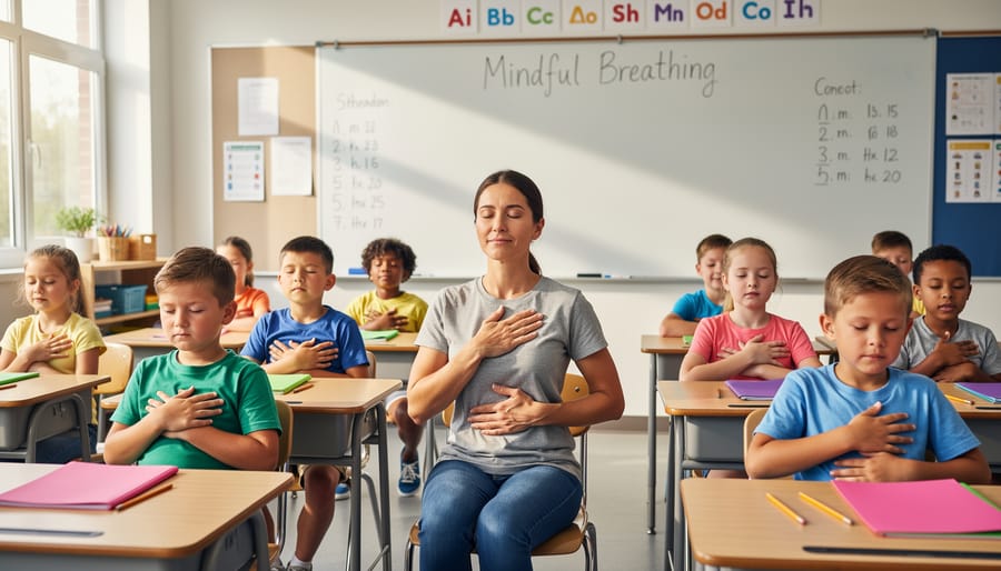 Elementary students sitting in circle on classroom floor practicing mindfulness with eyes closed