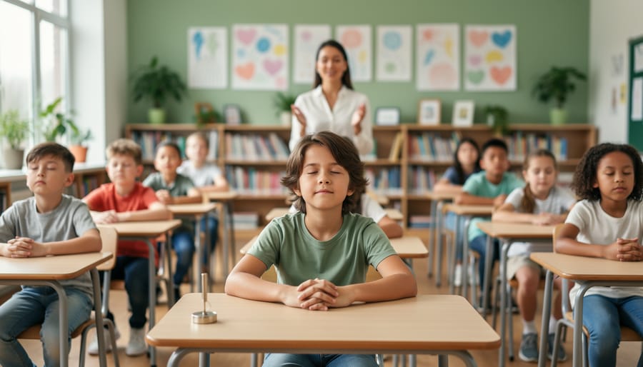Elementary classroom with diverse third-grade students practicing a brief mindfulness breathing exercise at their desks, eyes closed, teacher gently guiding at the front, soft daylight, blurred shelves and artwork in the background, small chime on the desk.