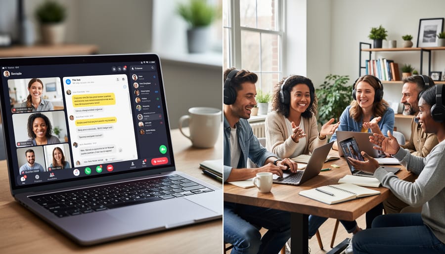 Diverse group of students collaborating on laptop in modern library setting