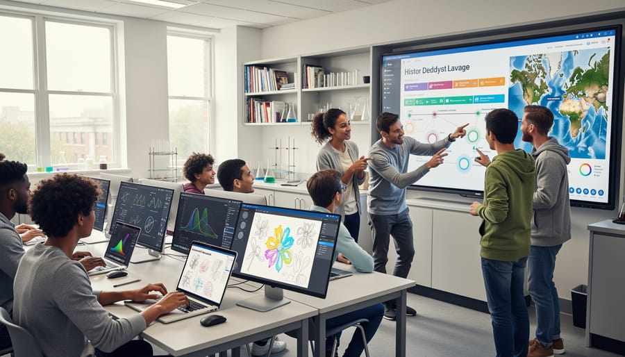 Group of students collaborating enthusiastically around laptop during learning activity