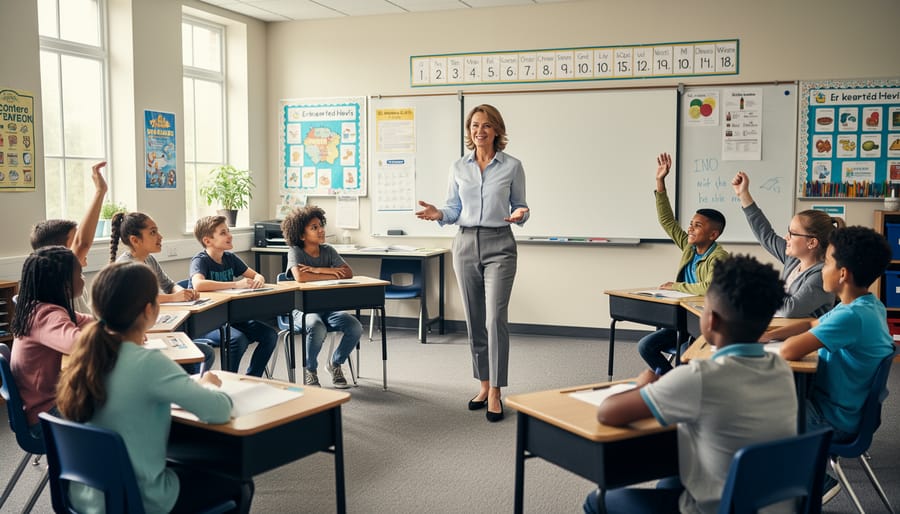 Substitute teacher using confident body language while teaching engaged middle school students