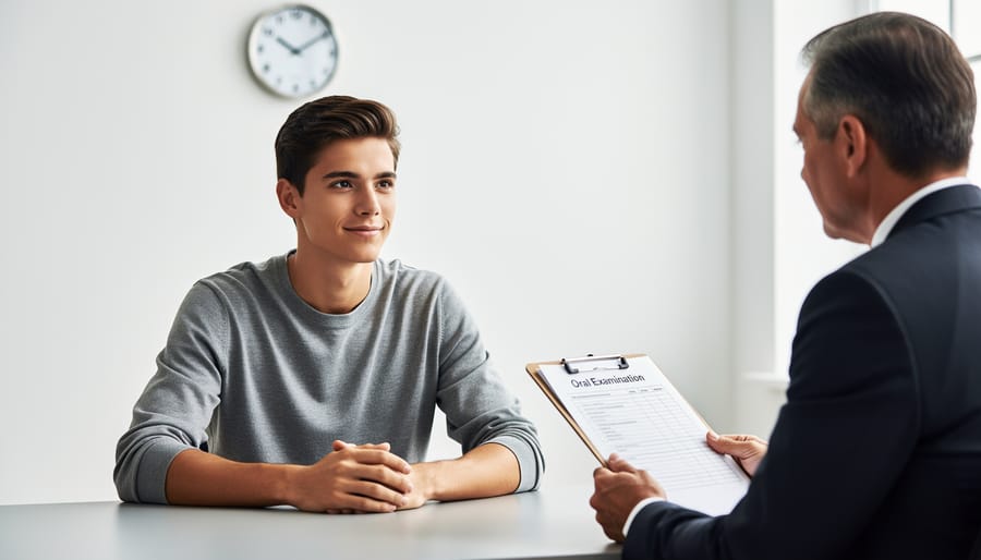 Professional demonstrating confident body language and eye contact for viva voce success