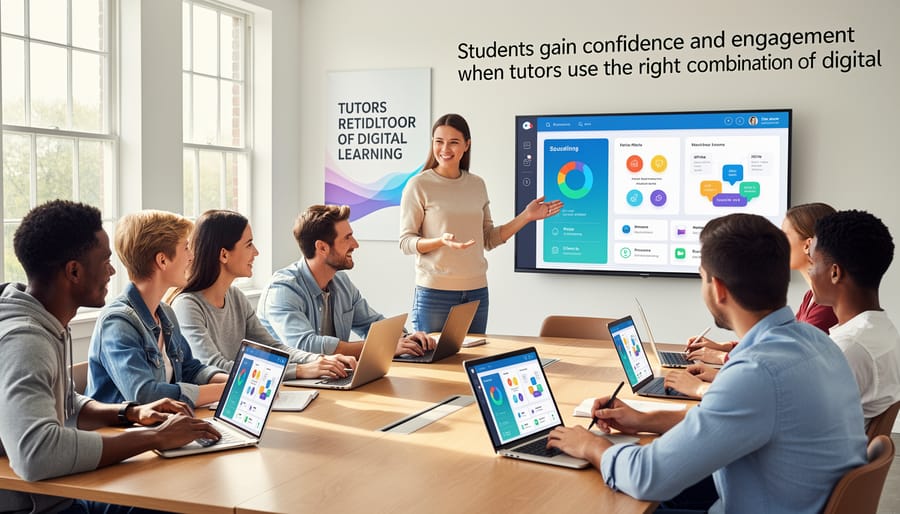 Young student smiling confidently while engaged in online learning on laptop