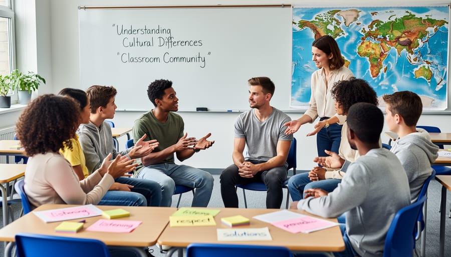 Diverse high school students from different cultural backgrounds working collaboratively in classroom