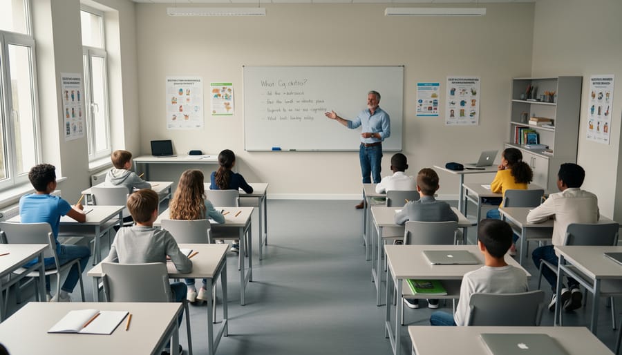 Organized elementary classroom with minimal distractions and defined learning zones