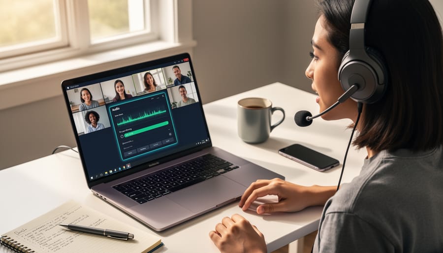 Educator wearing headphones during online video call with students visible on laptop screen