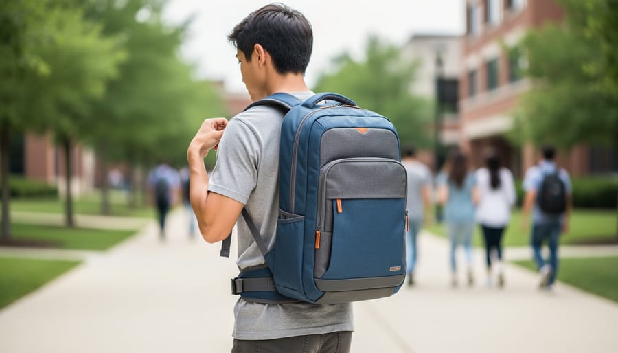 Student on campus wearing a structured 17-inch laptop backpack, chest strap and hip belt secured, with a slightly open zipper revealing a padded sleeve near the back panel and an elevated base; soft daylight and blurred campus scene behind.