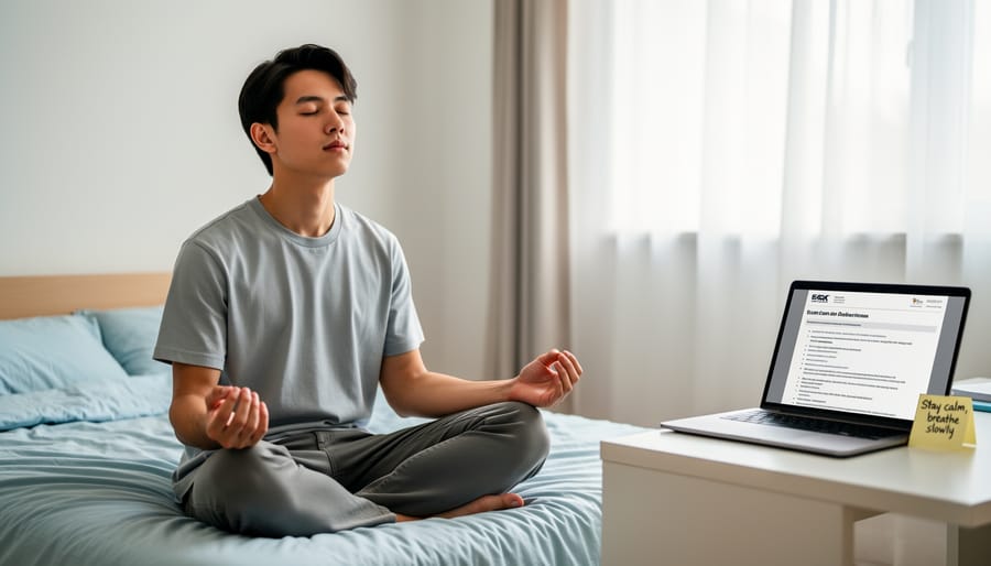 Student practicing relaxation breathing exercise at desk before exam