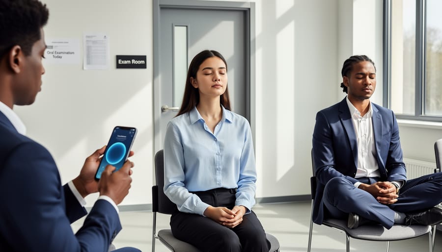 Student practicing calming breathing exercises before viva voce examination