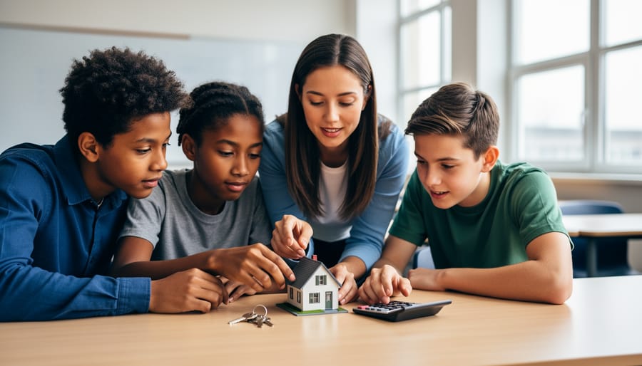 Teacher and three high school students study a small house model, keys, and a calculator at a classroom table under soft natural light, with the background whiteboard and windows softly blurred.