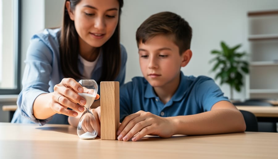 Teacher and student hands placing one wooden block next to an hourglass on a tidy classroom desk, with a softly blurred minimalist classroom in the background.