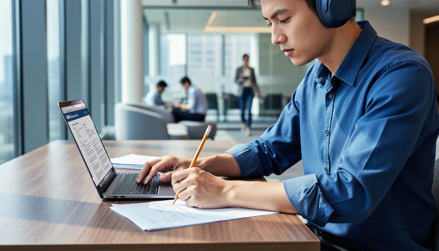 Student wearing headphones studies for the GMAT Focus Edition at a clean desk with a laptop, pencil, and blank scratch paper under soft daylight; a modern study lounge with glass walls is blurred in the background; no readable text visible.