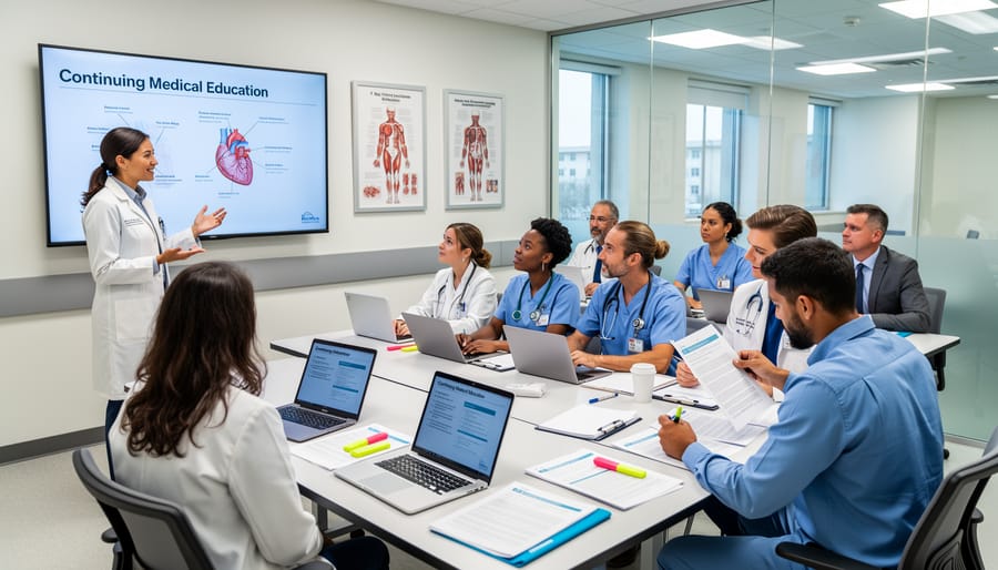 Healthcare professionals attending recertification course in modern classroom setting