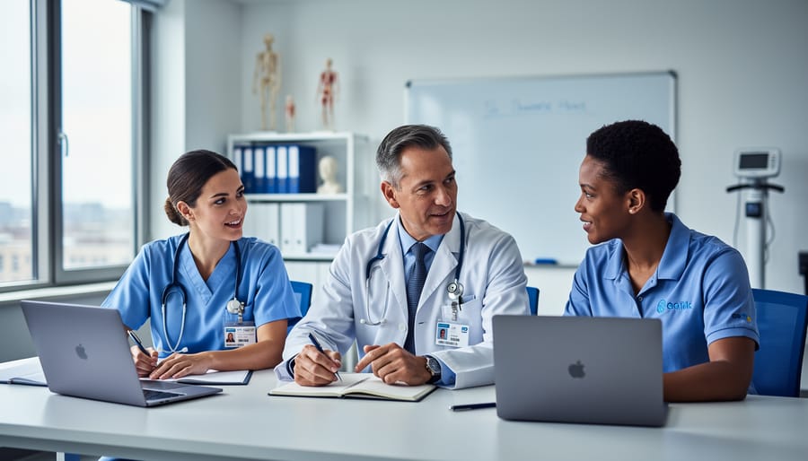 Diverse healthcare professionals—a nurse, physician, and physical therapist—work on laptops and take notes during a continuing education session in a bright hospital training room, with stethoscope and ID badges visible and a softly blurred whiteboard and shelves in the background.