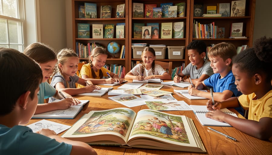 Parent and child working together with historical books at home learning table