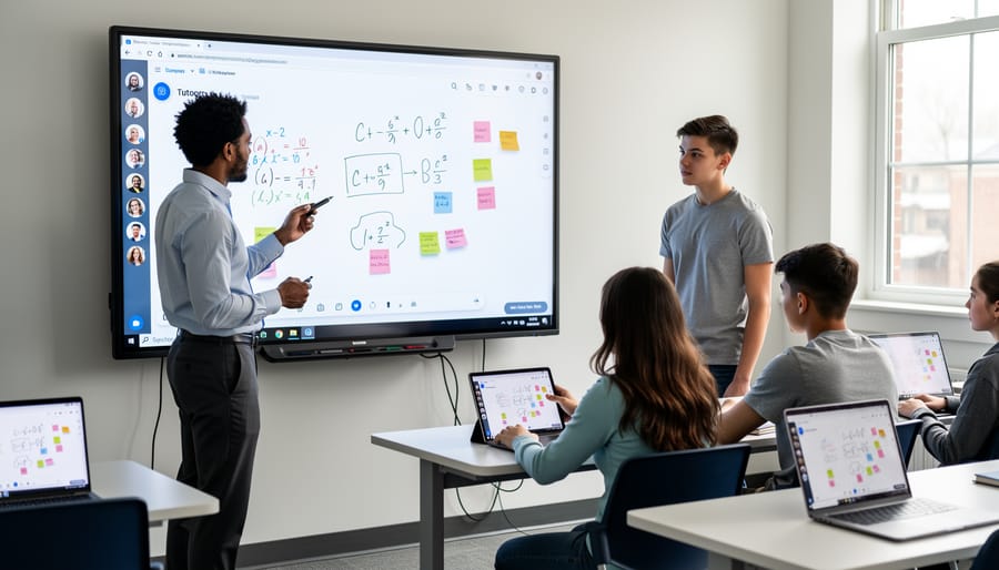 Overhead view of tutor and student collaborating with digital tablet and traditional notebook