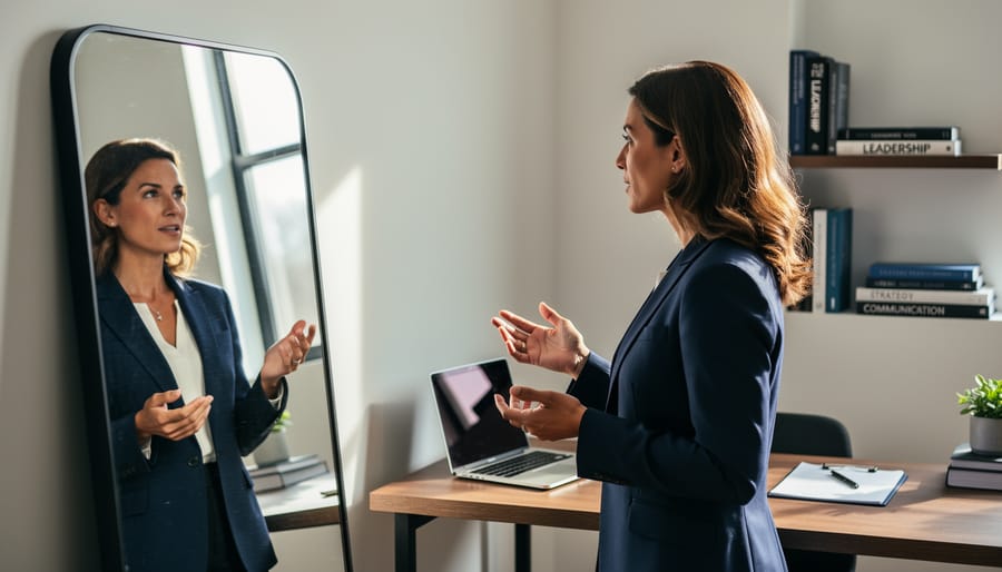 Professional woman practicing interview presentation in modern office setting