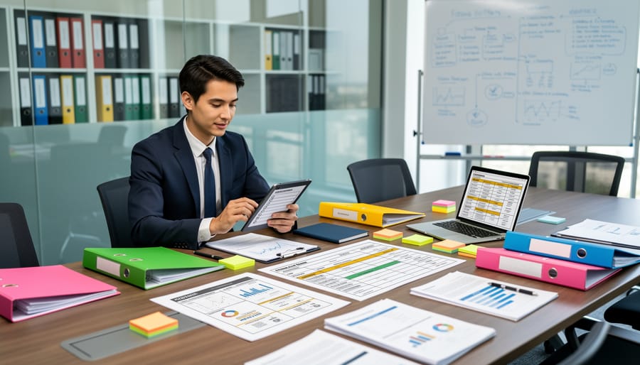 Overhead view of interview preparation materials including notebook, tablet, and coffee on desk