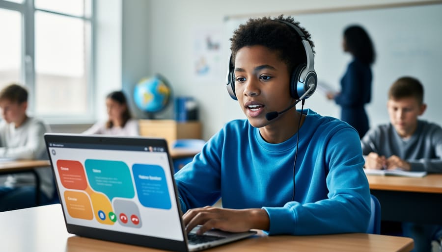 Teen student wearing a headset speaks to a native speaker via laptop video call in a classroom; soft natural light and a blurred teacher and globe in the background create a professional, supportive mood.