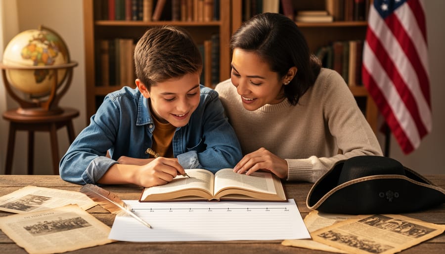Parent and middle-school student reading an American history book at a wooden table with a timeline notebook, quill, tricorn hat, and scattered pages, lit by warm sunlight; blurred bookshelf, globe, and American flag in the background.