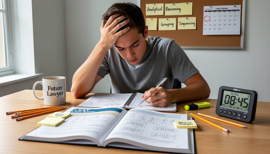 Close-up of student working through LSAT Logic Games section with pencil